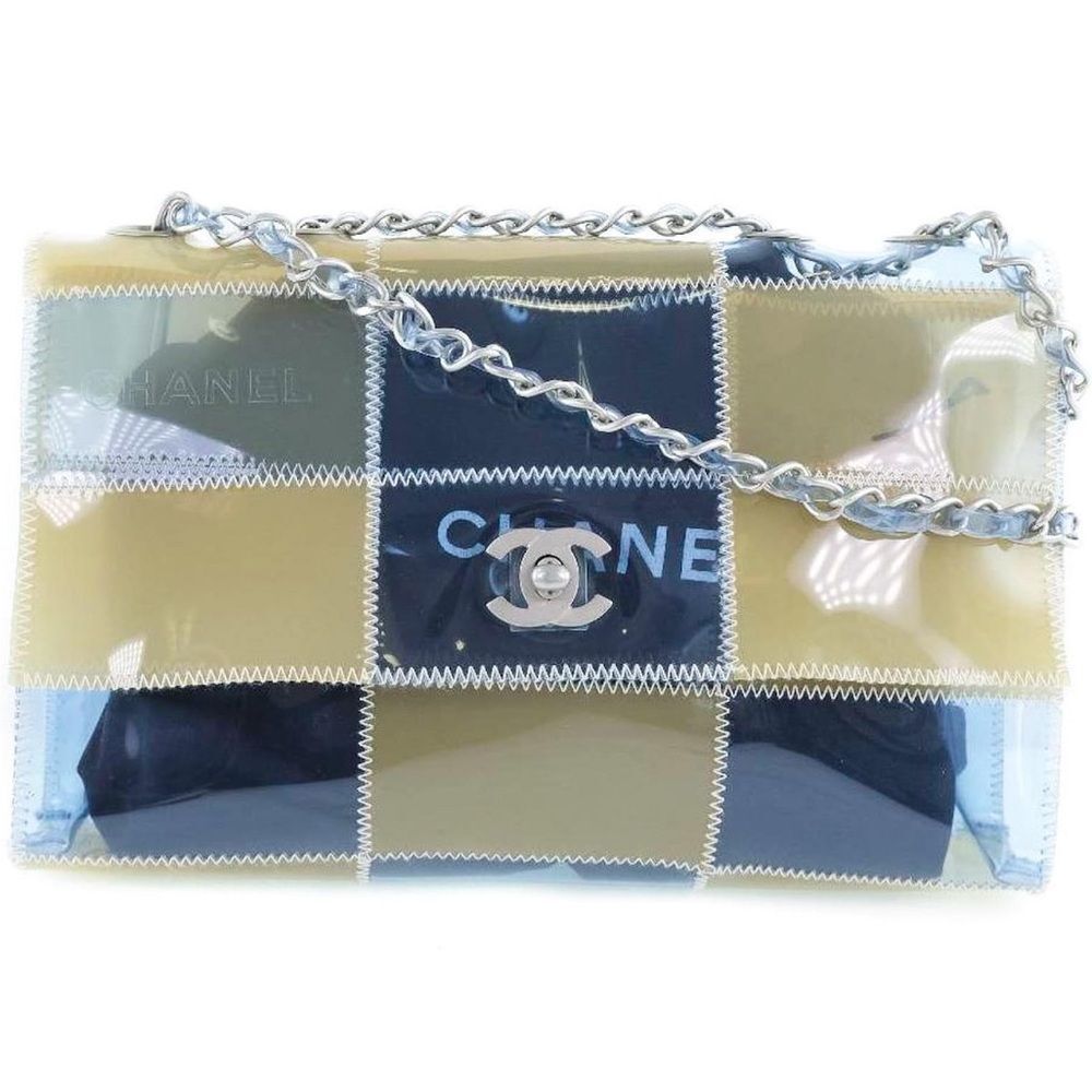 Rare Vintage CHANEL Blue and Beige PVC Stitched Patchwork CC Logo Should…